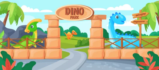 Fototapete Rund Zoo Dinosaur park. Cartoon dinosaurs zoo entry gate, dino animals jurassic period prehistoric era entrance diplodocus jungle island nature background scene, neat vector illustration  © ssstocker