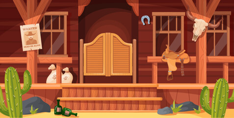 Cartoon western saloon. Wild west bar building wooden door entrance, old texas mexican town sheriff village cowboy country tavern doorway game background, neat vector illustration