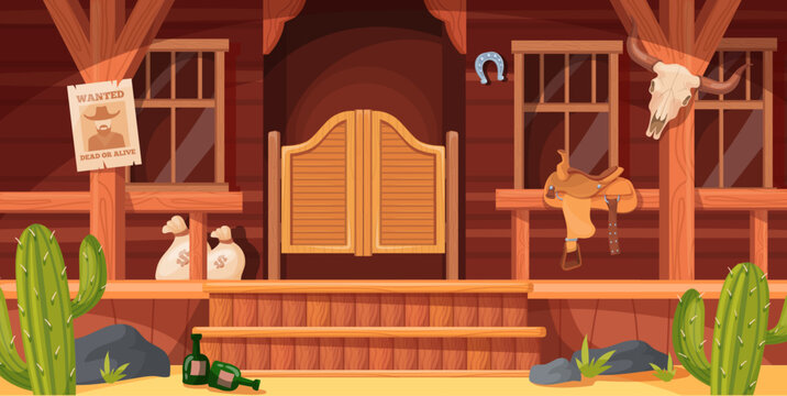 Cartoon western saloon. Wild west bar building wooden door entrance, old texas mexican town sheriff village cowboy country tavern doorway game background, neat vector illustration
