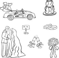 Wedding Couple Newlyweds and Car Line Art Set