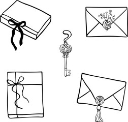 Gifts Envelopes and Presents line art set
