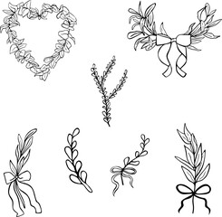 set of floral elements for design, Floral Branches and Greenery Line Art Set