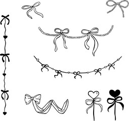 Romantic Garlands Bows and Hearts Line Art Set, decorative wedding elements