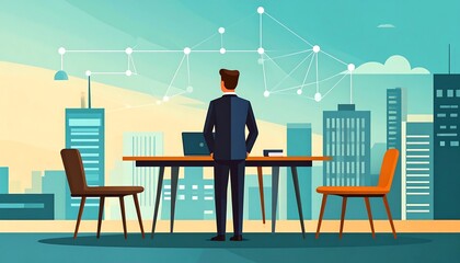 A businessman stands looking out at a city skyline through an office window with a connected dots network