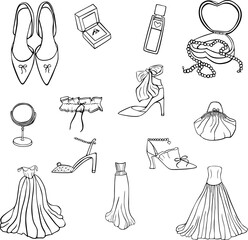 Wedding Bride Accessories and Dress Line Art Set