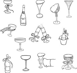 Champagne Glasses and Drink Line Art Set