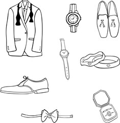 Wedding Groom Accessories and Outfit Line Art Set