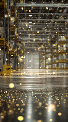 Festive Warehouse Scene, Reflective Surfaces And Scattered Glitter Set Celebratory Mood For Cleanup Or Staging