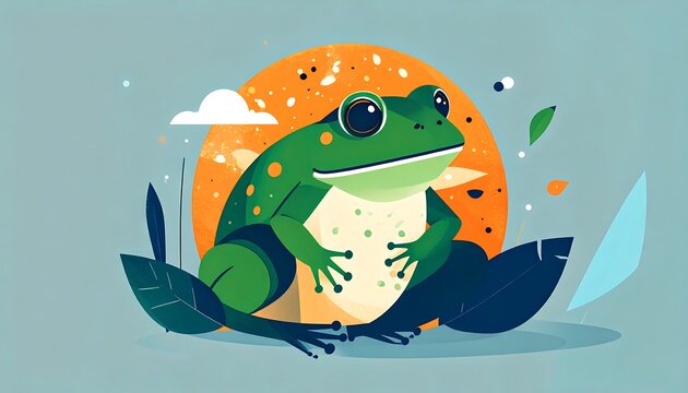 A stylized green frog with spots sits against a peach-colored circle on a blue background with stylized leaves