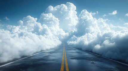 Long wet asphalt road extending through a dramatic, towering cloudscape under a clear blue sky, conceptual journey forward.