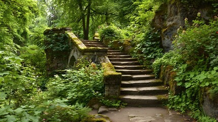 Naklejka premium Stone staircase winding through lush green forest, leading upwards towards the sunlight, natures beauty.