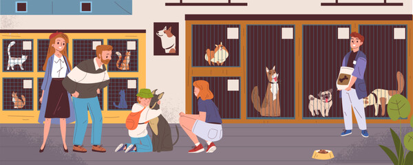 People in animal shelter. Volunteer care homeless pets, stray dog cat in cage family adopt puppy at kennel new owner charity help pet companion adoption, classy vector illustration