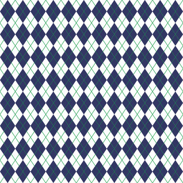 Classic navy blue and white argyle diamond pattern with green accents. Seamless geometric background ideal for preppy fashion, sweaters, textiles, and timeless designs.