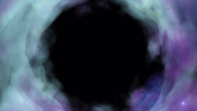 Camera flying through tunnel of pink and purple clouds on transparent background. Abstract dreamy cloud vortex animation with smooth forward motion.