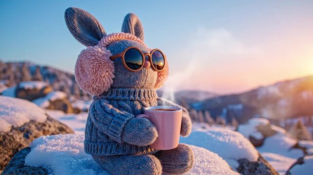 A cozy knitted bunny enjoys a warm drink during a beautiful winter sunset in the mountains
