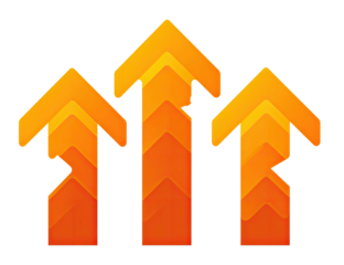 Three upward-pointing arrows, layered with gradients of orange and yellow against a black backdrop