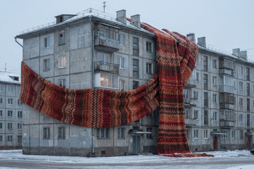 Old soviet era apartment building wrapped in a large knitted wool scarf. Thermal insulation, renovation and energy efficient house concept