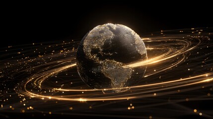 Stunning digital artwork of planet Earth surrounded by glowing energy trails in space.