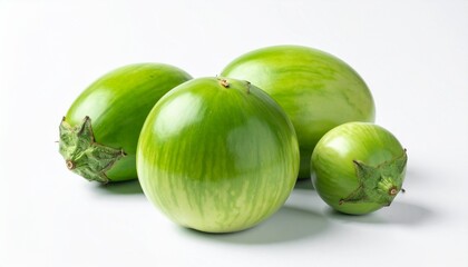 Fresh green round eggplants isolated on white background, organic vegetables used in Asian cuisine and healthy recipes.