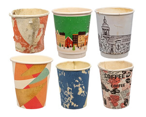 a collection of disposable cup with stains showcasing casual and used appearance perfect for illustrating waste or coffee culture