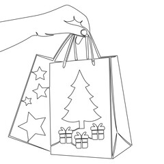 Continuous one single line drawing Hand holding Christmas gift packages symbolizing holiday shopping and celebration icon vector illustration concept