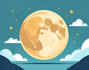 A full moon dominates, amidst cartoon clouds and scattered stars, against a teal and dark blue sky