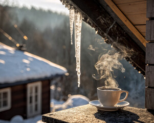 A cup of coffee with a winter landscape and an icicle