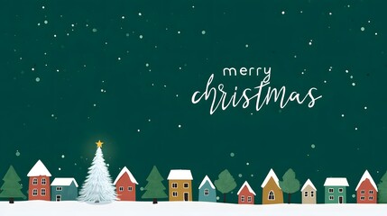 Merry Christmas Greeting with Cute Cartoon Village and Snow. Dark Teal Holiday Background.