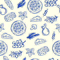 Seamless hand drawn Italian food pattern with pizza, cheese, bread, olive oil, basil, rosemary, and tomatoes. Mediterranean cuisine. Blue doodles on a light background. Vector illustration.