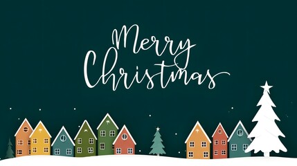 Merry Christmas Greeting with Cute Cartoon Village and Snow. Dark Teal Holiday Background.
