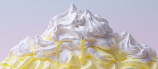 Close-up of whipped cream and yellow cream layered, creamy, some dripping. Pale background