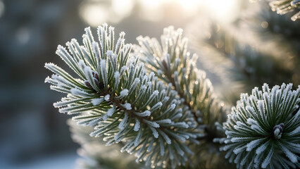 Close-up of frosted pine needles sparkling in morning sun with shimmering bokeh background winter nature beauty frozen foliage texture cold season peaceful tranquil scene outdoors