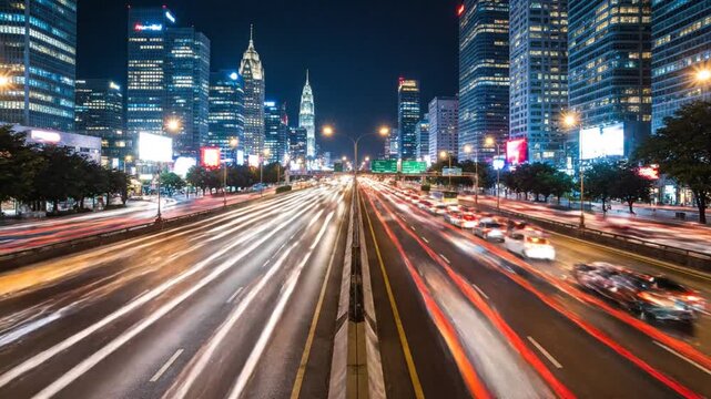 P24-Blurry lights from fastmoving cars on city road at night. Concept Cityscape Photography Night Time 4K 10s