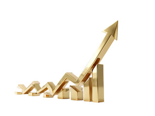 Golden upward-trending graph, bar chart, and arrow against black background