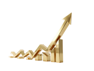 Golden upward-trending graph, bar chart, and arrow against black background