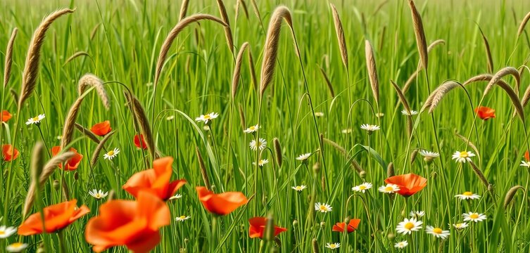 A gentle breeze rustles through tall grass dotted with wild poppies and daisies,  bloom,  gentle