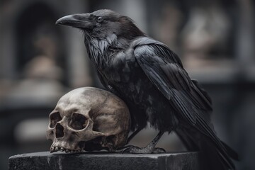Fototapeta premium Raven Perched on Human Skull in Cemetery