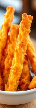 Crispy, golden youtiao sticks, a delicious fried dough snack, presented in a white bowl,  airy,  breakfast