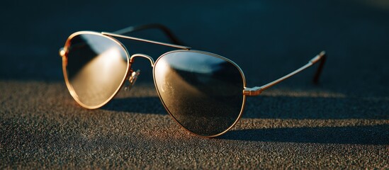 Gold aviator sunglasses rest on a dark surface, reflecting a blurred environment