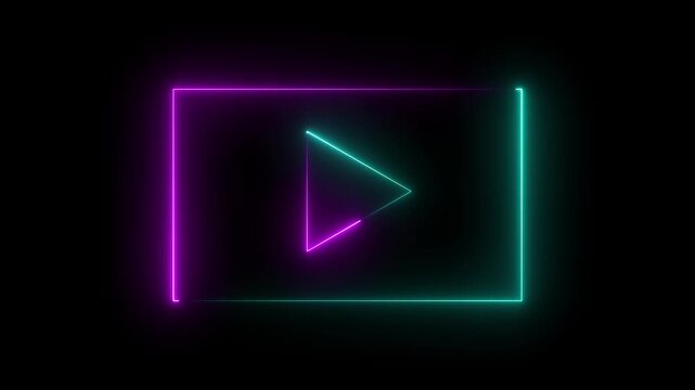Glowing neon Play Icon and Media Player Button icon animation on black background. Modern digital interface motion graphics featuring neon play button and neon frame.