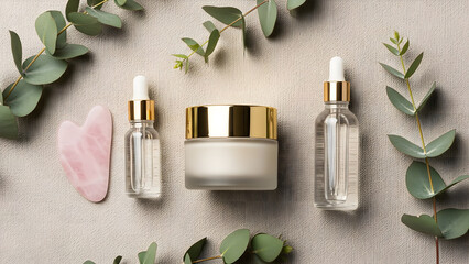 Spa products and skincare essentials arranged with eucalyptus leaves on a neutral background