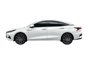 Side view of a sleek, white sedan, against a black backdrop, featuring modern design