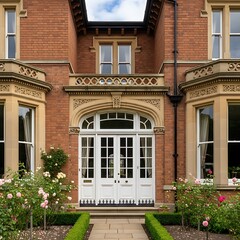 Obraz premium Elegant Victorian Home Entrance with Lush Garden and Brick Facade.