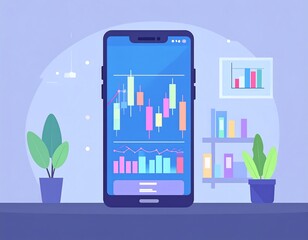 A stylized mobile phone displays financial charts against a soft purple backdrop with plants and shelving