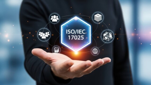 ISO Standard Certification: Businessman holding a glowing ISO/IEC 17025 icon for laboratory testing and calibration quality management