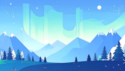 A serene, stylized winter landscape with snow-capped mountains and aurora borealis against a starry night sky