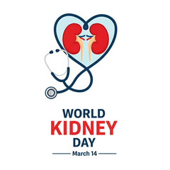 A heart shaped depiction of kidneys with a stethoscope and text for world kidney day on transparent background