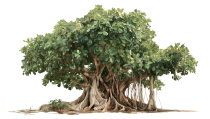 Digitally painted tree with dense foliage, thick roots, and hanging vines