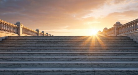 Marble staircase leading towards sunrise and a bright, cloudy sky