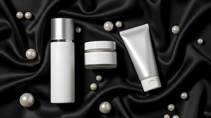 Luxury Skincare Products on Black Silk with Pearls - Elegant Cosmetic Packaging